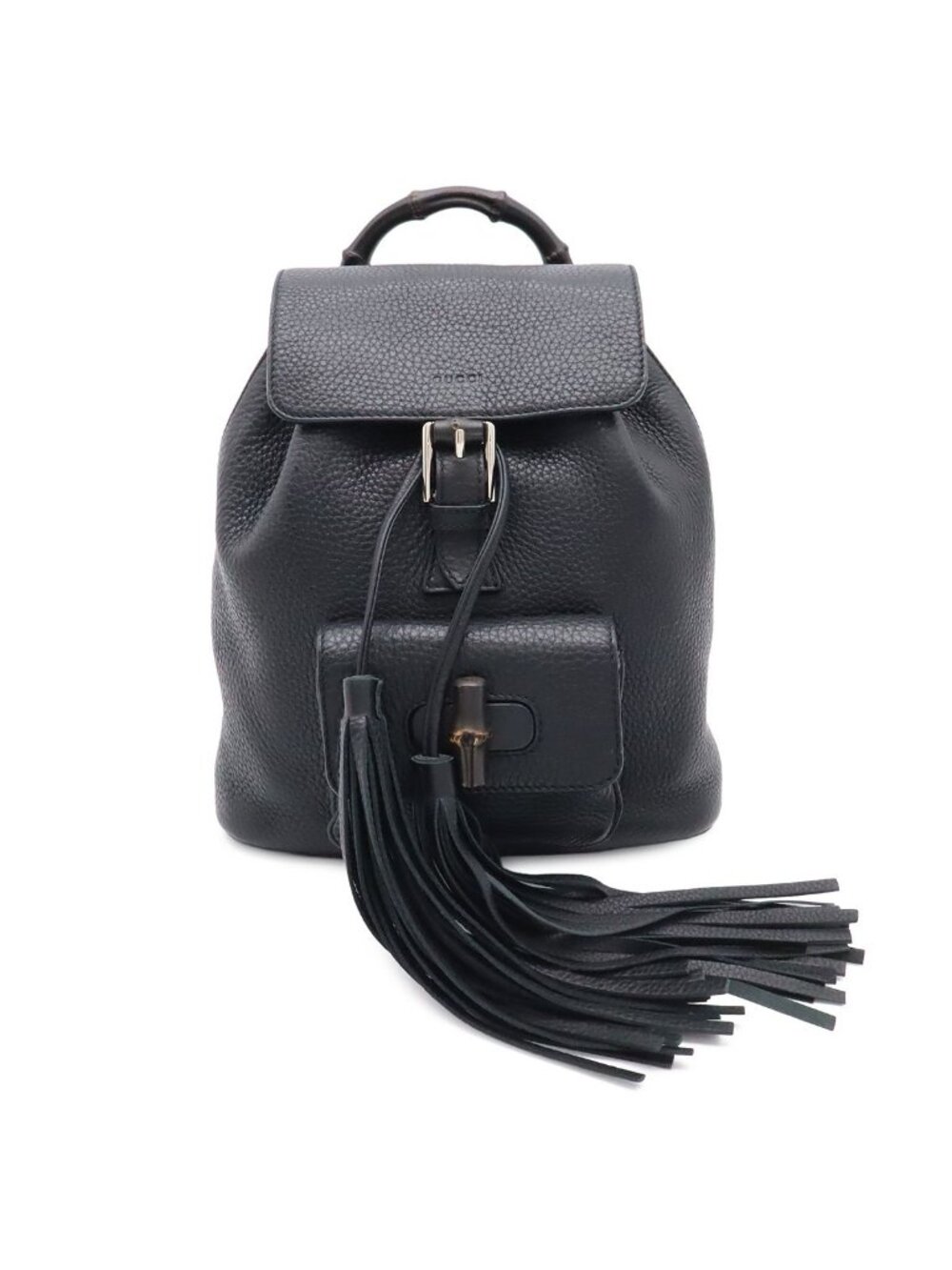 Gucci Bamboo Backpack Shoulder Bag Tassel Fringe Leather Black Silver